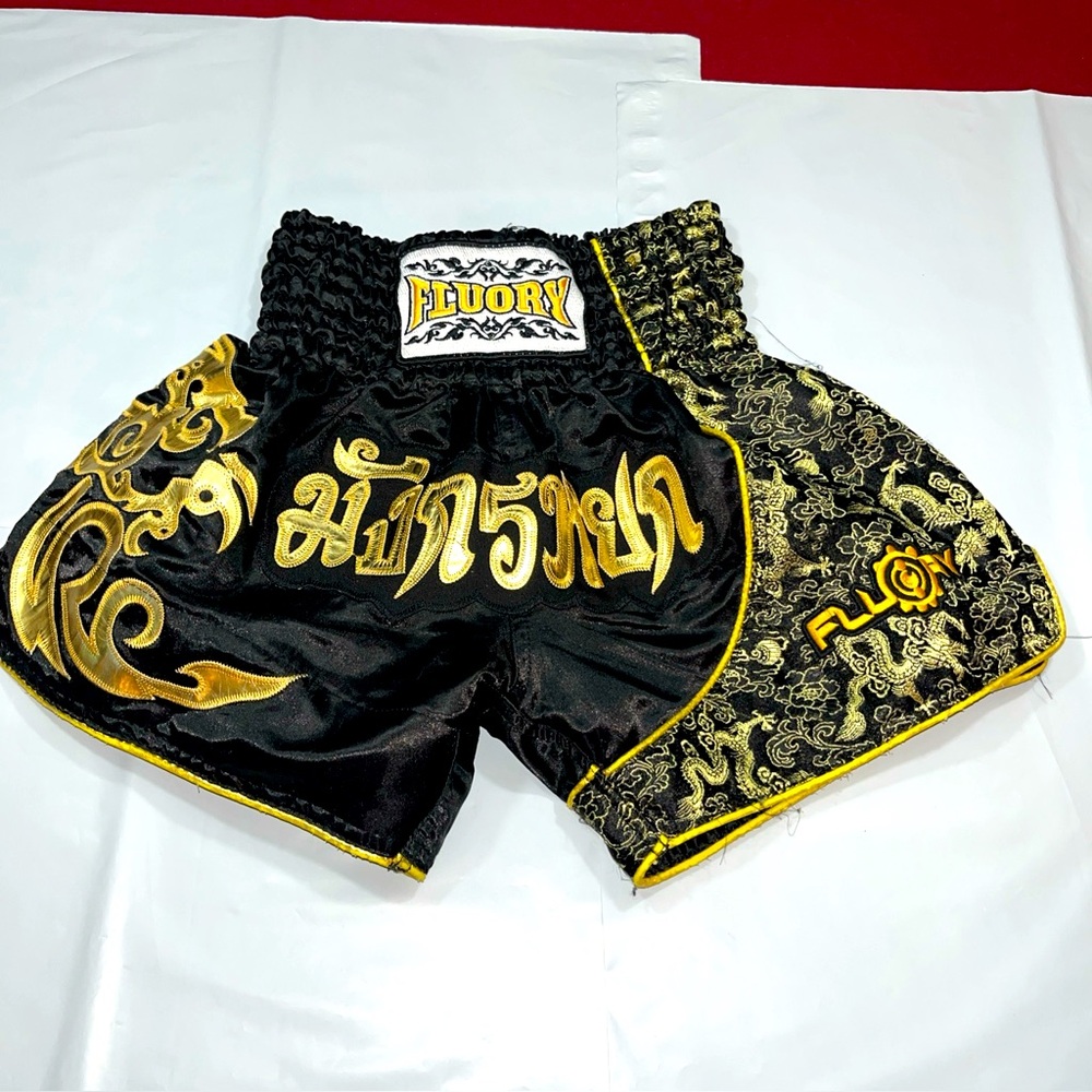 Floury BLACK BOXING Muay Thai SHORTS XS GOLD Satin Fighting Gear MMA Dragon Fire